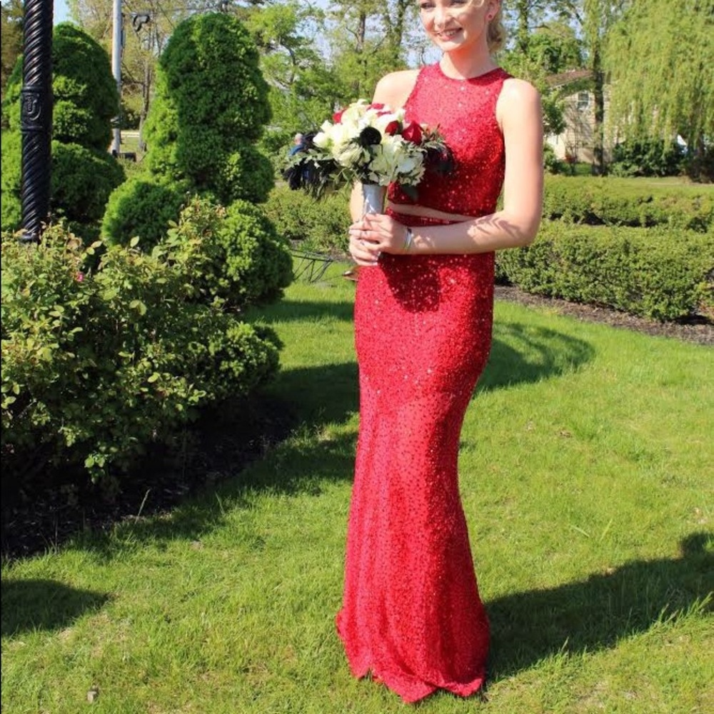 Red two piece Primavera Sequin Prom Dress